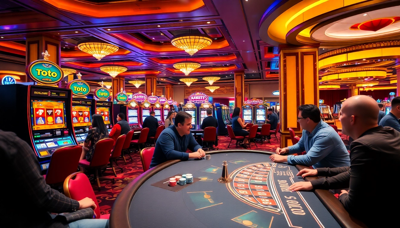 Players enjoying exciting toto slot machines in a vibrant casino atmosphere.