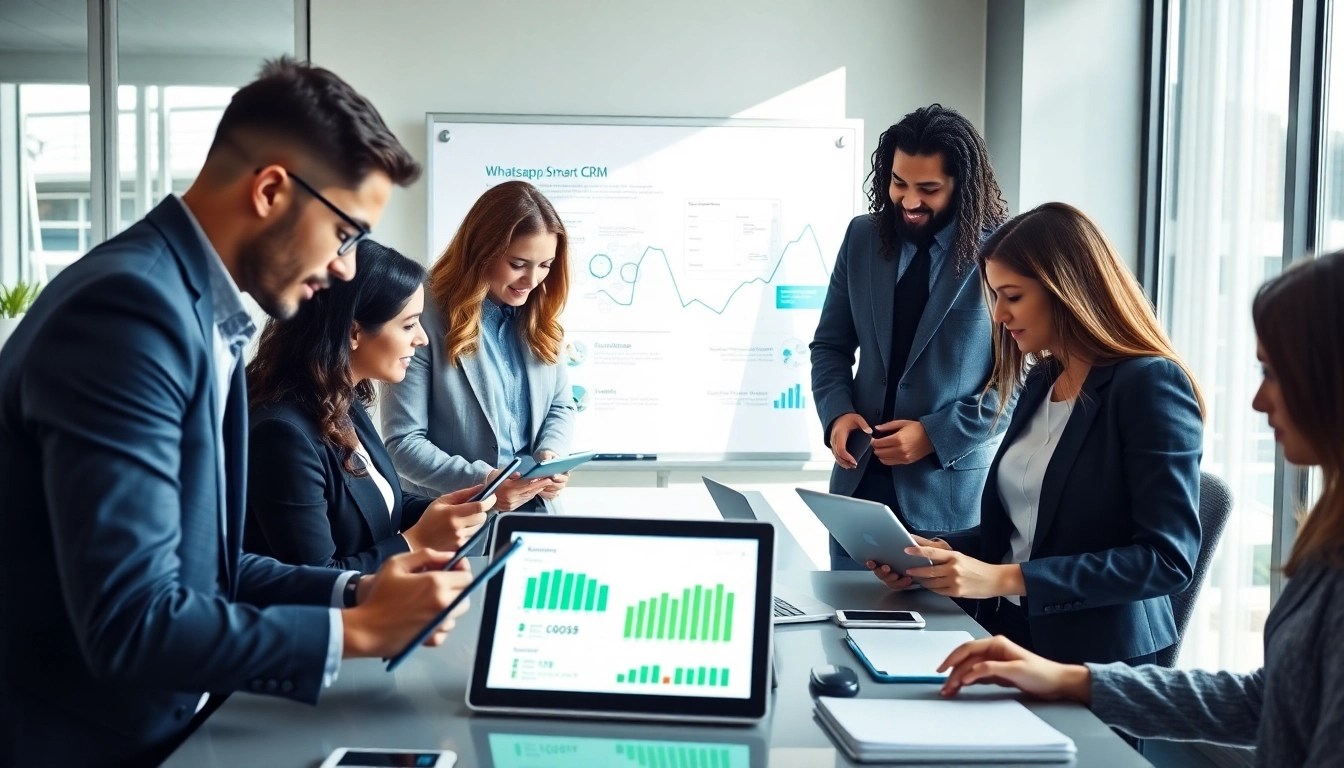 Engage with WhatsApp Smart CRM as a team collaborates in a modern office environment.
