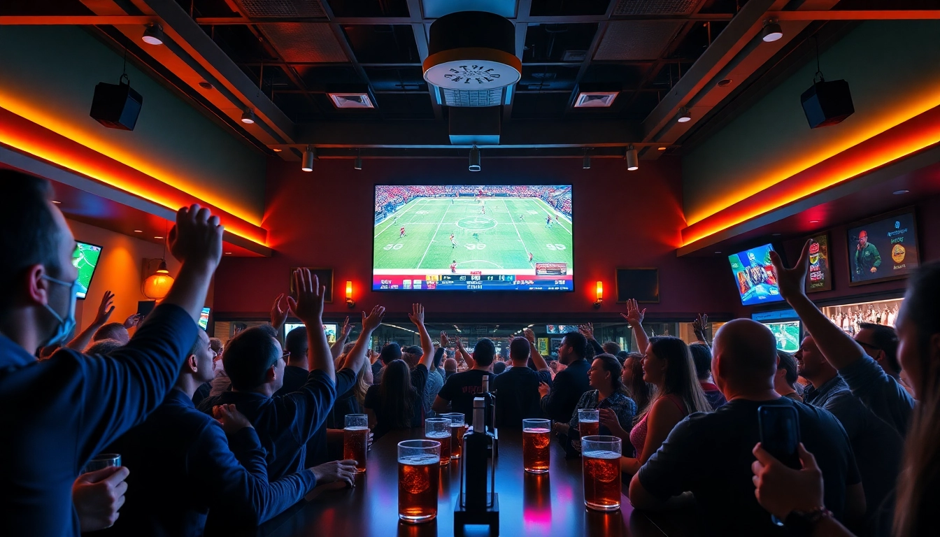 Excited fans embracing Alabama sports betting in a lively sports bar during a game.