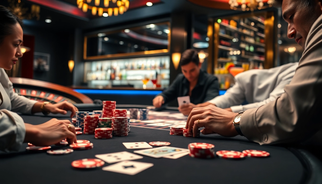 Players engaged in high-stakes poker with vibrant chips and cards, embodying sh bet excitement.