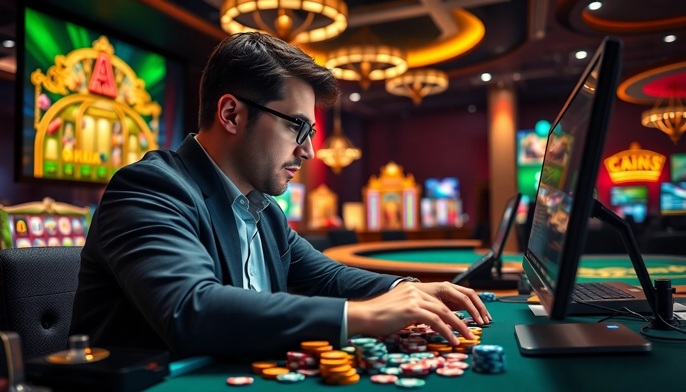 Gambler exploring online casinos in Alberta through multiple digital devices and casino games.