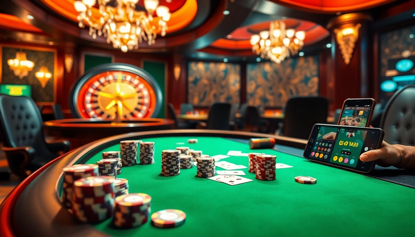 Engage with the link vao w88 as players enjoy a thrilling casino scene featuring poker chips and roulette.