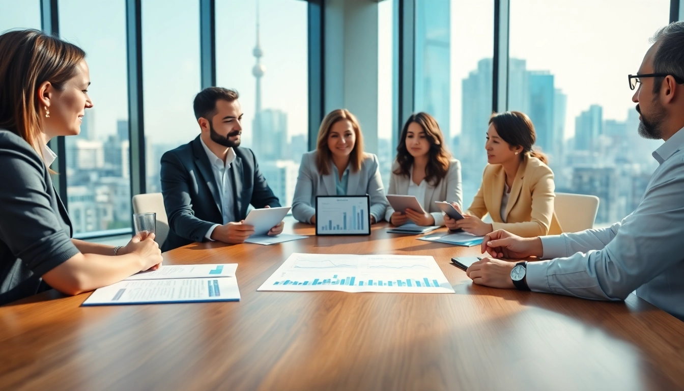 Illustration of Acquisition Planning discussion among professionals with documents and devices on a bright conference table.