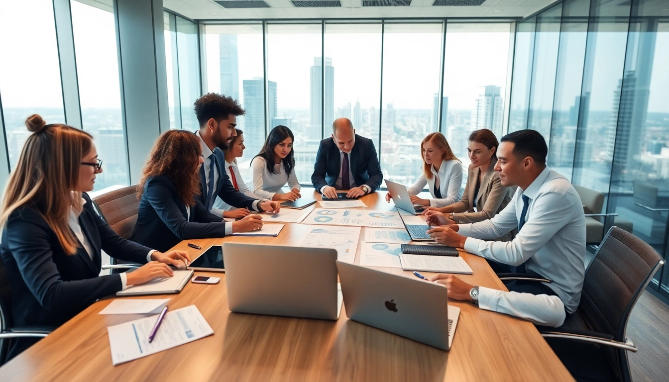 Crisis management consultant collaborating with a diverse team in a modern office setting.