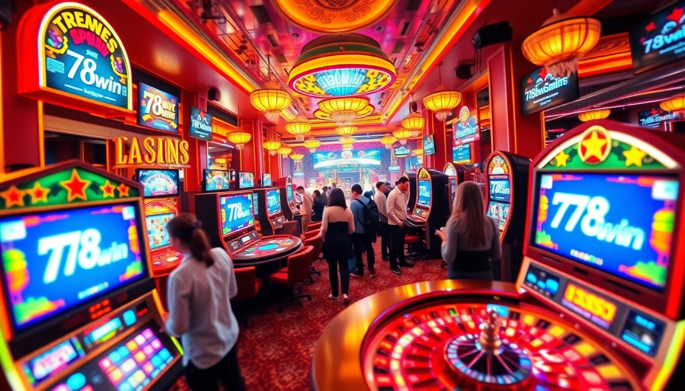 Exciting scene of players engaging with games at 78win.com online casino, showcasing vibrant atmosphere and technology.