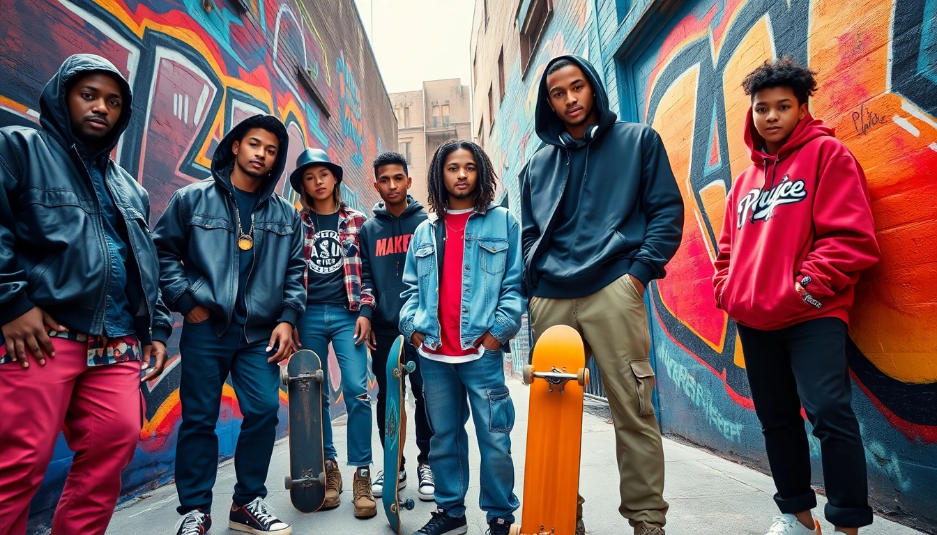 Vibrant streetwear culture brand scene with diverse youth showcasing trendy styles against colorful graffiti.