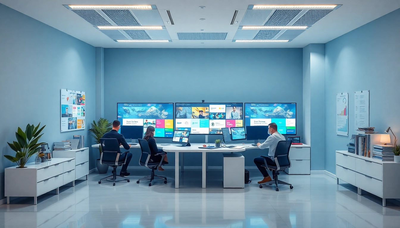 Công ty thiết kế website with a modern office setting showcasing collaboration and creativity in web design.