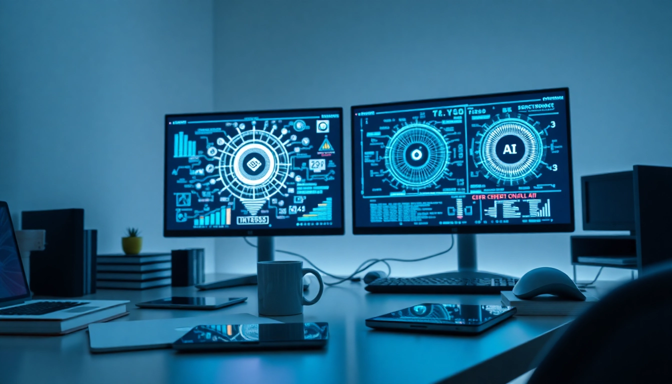Cybersecurity AI focused workspace with dual monitors analyzing data, creating a professional atmosphere.