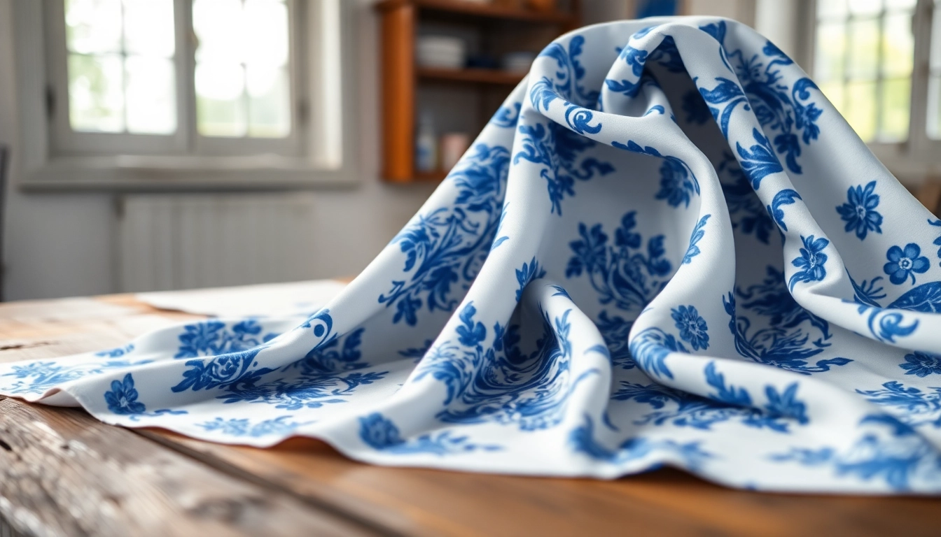 Bekijk goedkoop katoen stof online Nederland met unieke Delft Blauw ontwerpen op een rustieke tafel.