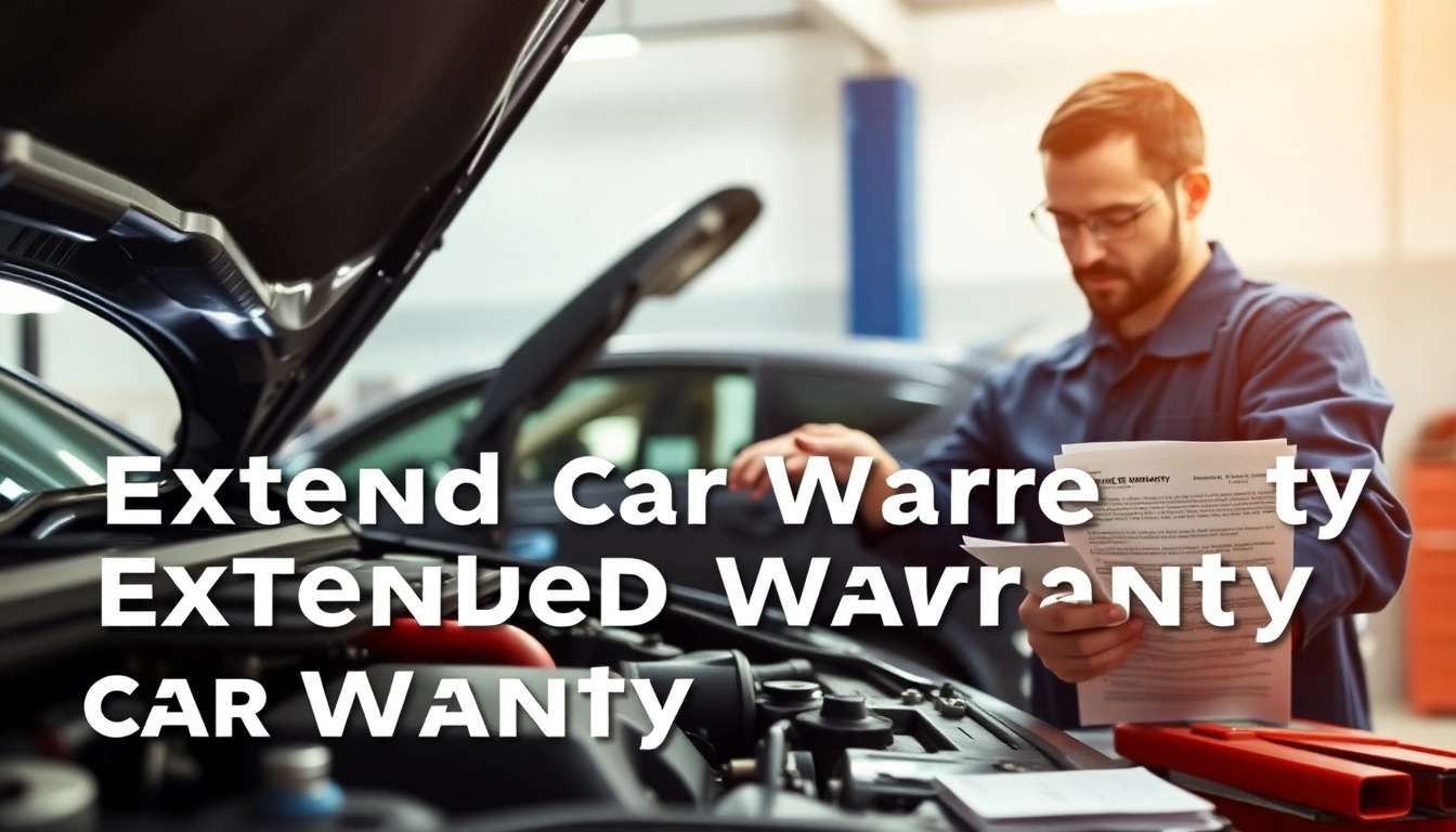 Inspecting vehicle for extended car warranty coverage options in a professional garage.