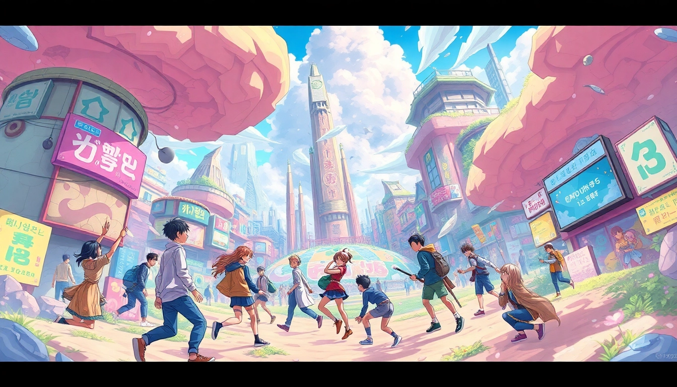 newtoki 웹툰의 활기찬 캐릭터들이 함께하는 장면을 묘사한 일러스트레이션