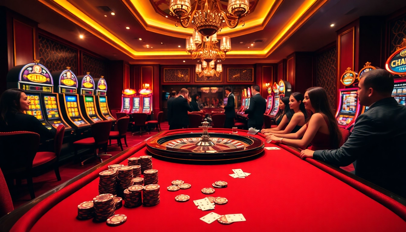 Players enjoying vibrant casino games at https://kk55.global/, with poker chips and roulette wheel showcased.