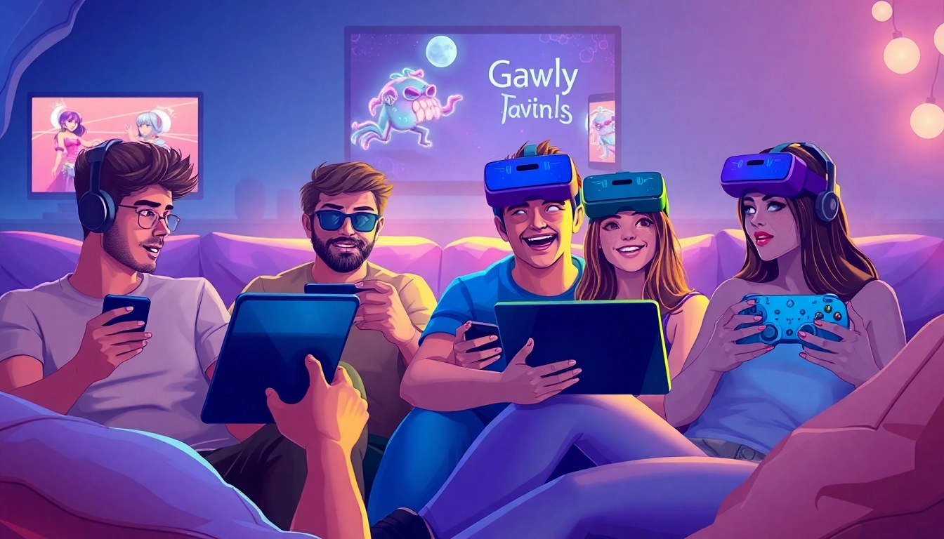 Exciting scene of diverse players enjoying free porn games on various devices in a cozy gaming setup.