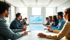 Engage with business growth insights during a professional meeting setting, highlighting collaboration.