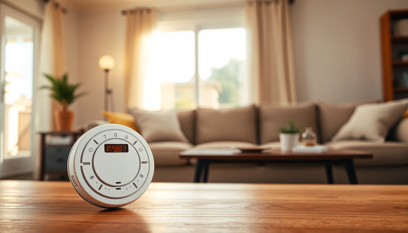 Ensure safety with a carbon monoxide detector beeping prominently in a cozy home setting.