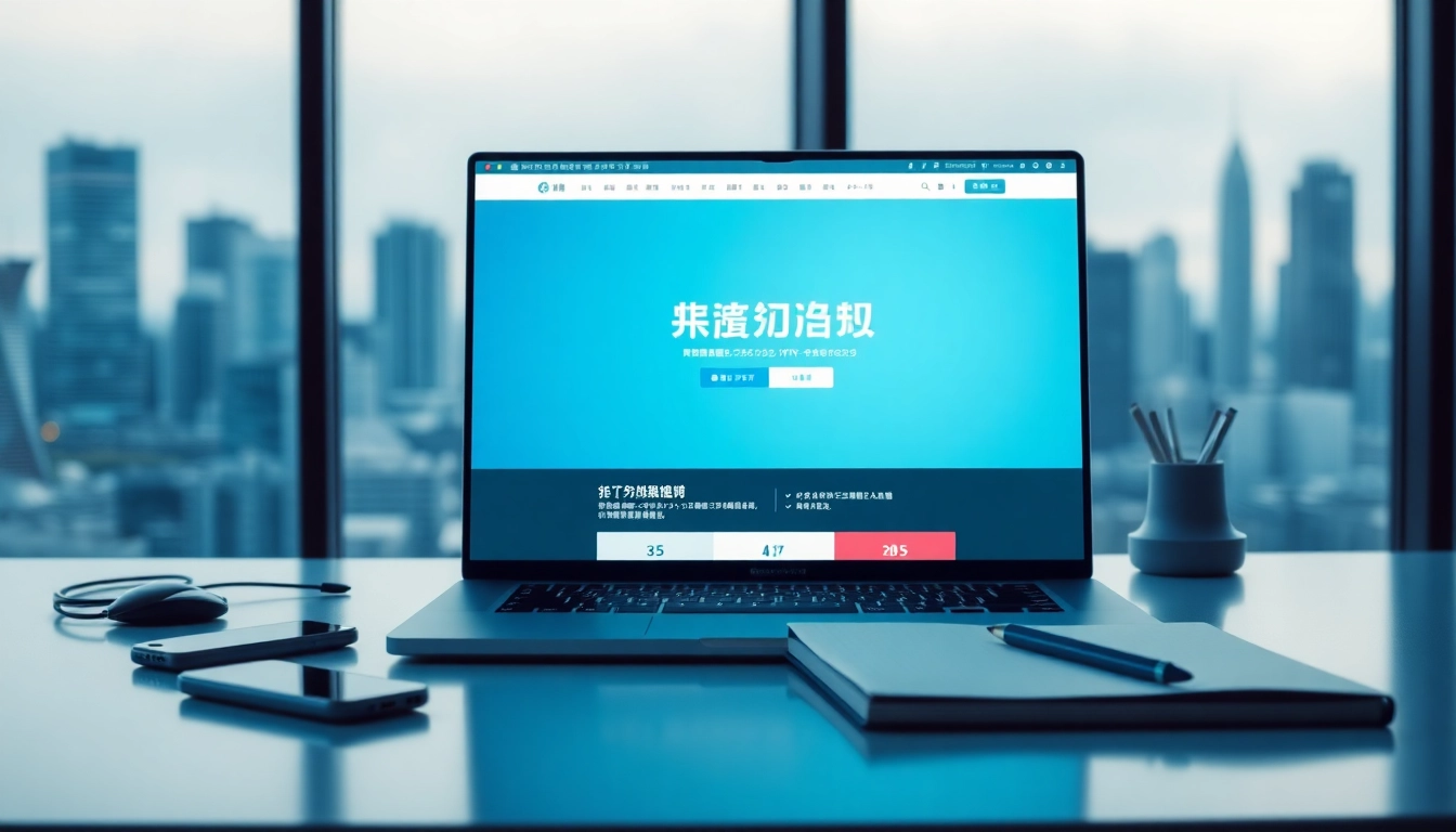 快连官网工作区，配有一台显示 VPN 服务的笔记本电脑，象征全球连接。