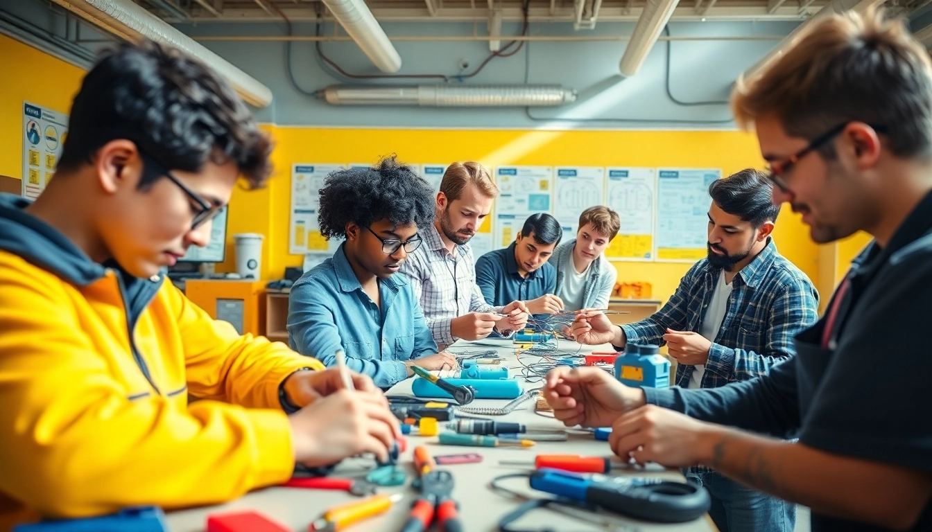 Engaged students in electrician apprenticeship hawaii program working on electrical projects.