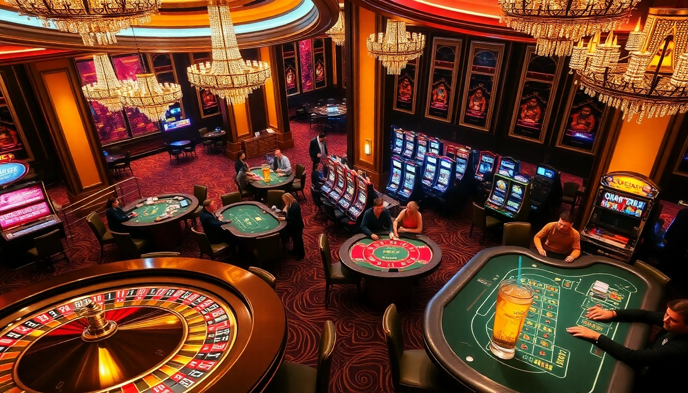 Players enjoying a thrilling b52-themed casino experience with roulette tables and slot machines.
