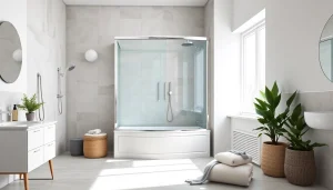 Elegante duschkabine 90x90 komplett in modernem Badezimmer mit hellem Licht und stilvollen Details.