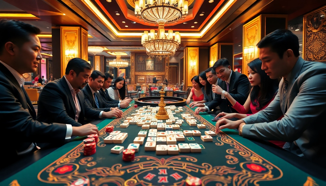 Para pemain menikmati link mahjong di meja kasino yang ramai, menunjukkan keterlibatan dan strategi.