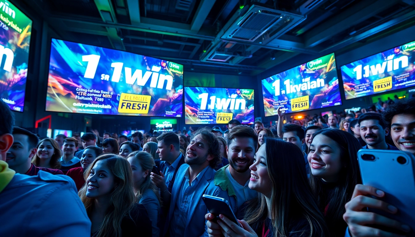 1win aksiyalar təqdimatında iştirak edən insanları əks etdirən dinamika dolu görüntü.