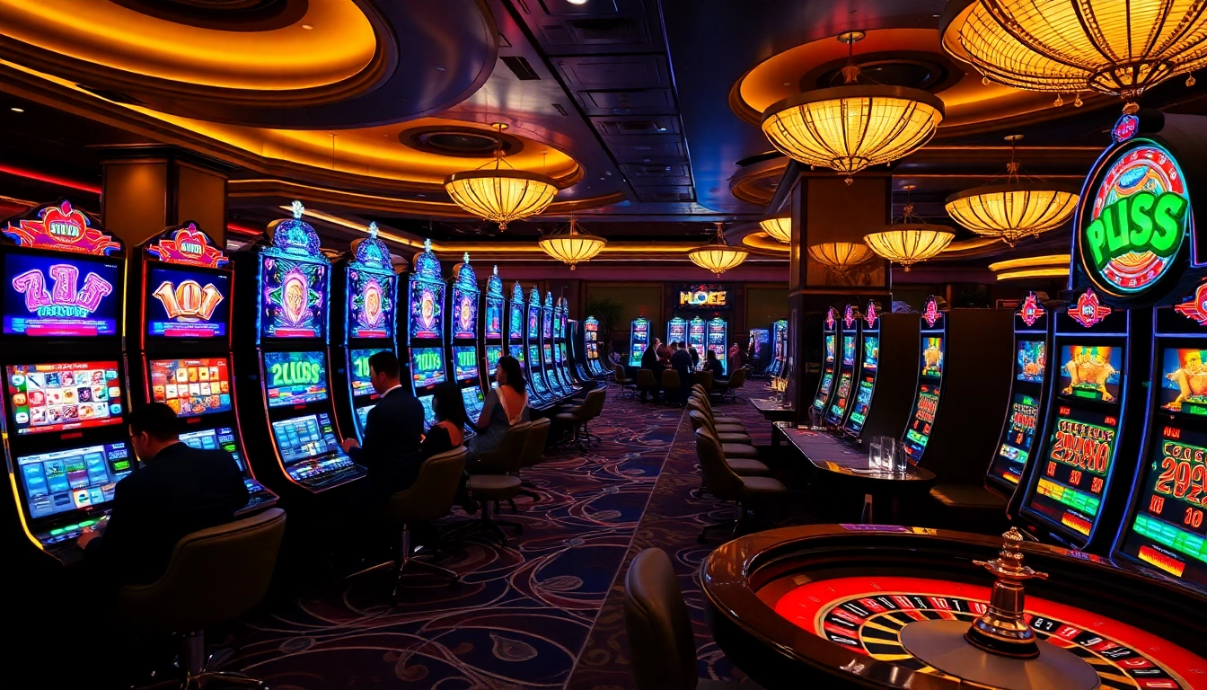 Excited players enjoying slot depo pulsa at a luxurious casino featuring vibrant slot machines.