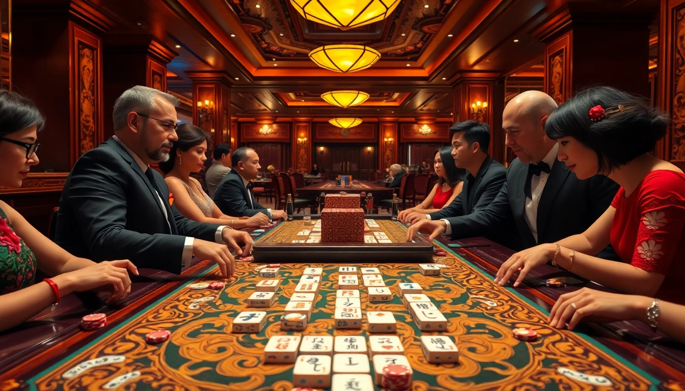 Players enjoy a thrilling game of link mahjong at a luxurious casino table, showcasing strategy and excitement.