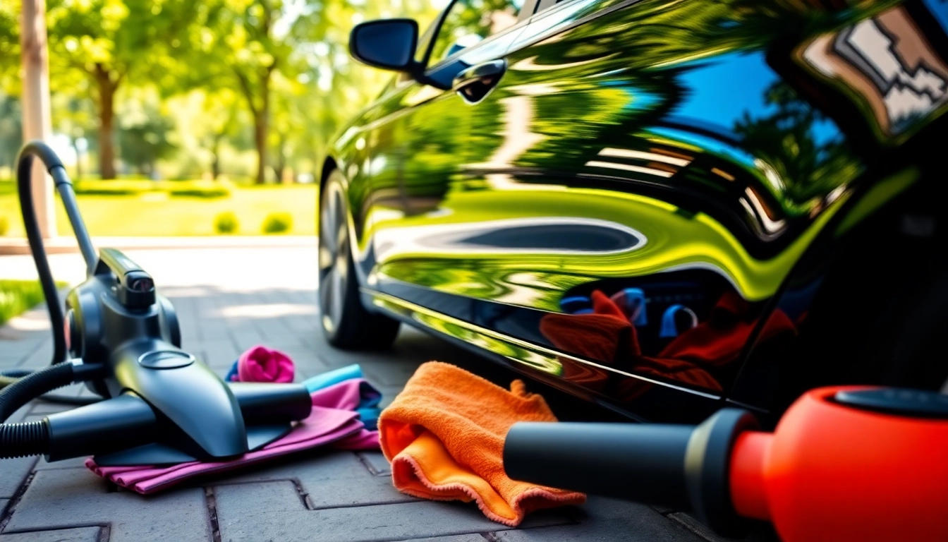 Car detailing near me showing a professional cleaning process with tools around a shiny vehicle.