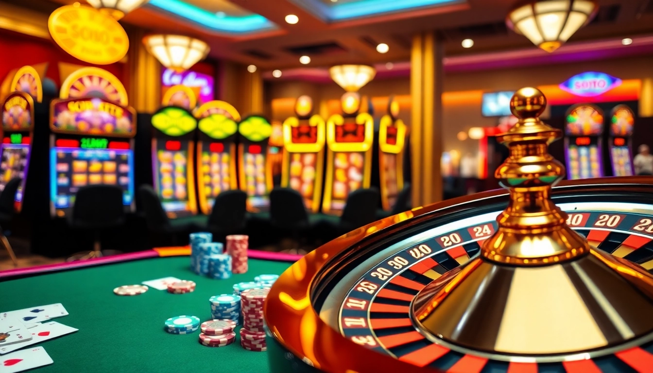 Engage with the luxurious atmosphere at SODO CASINO featuring vibrant tables and spinning roulette.