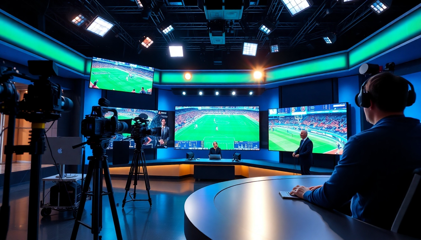 Engaging sports broadcasting setup with live game highlights in a modern studio.