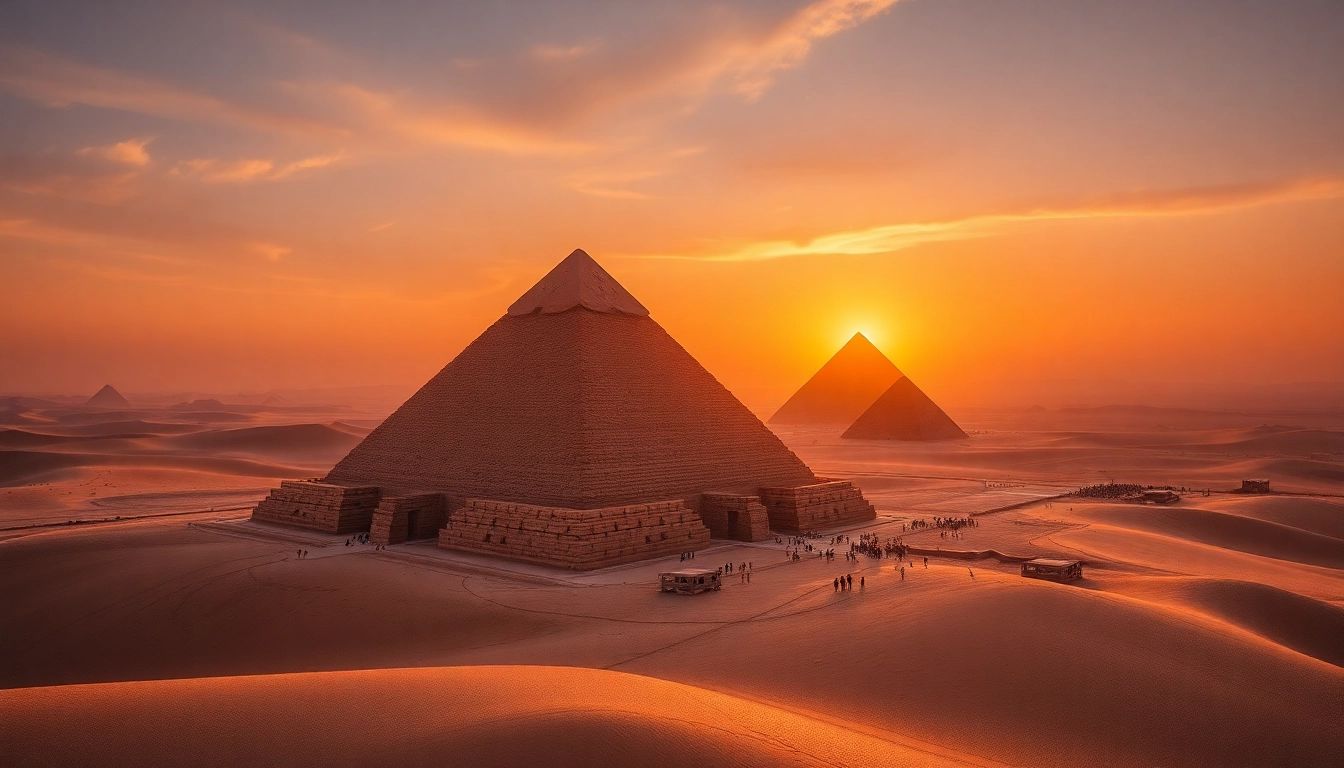 Captivating view of piraminds illuminating under a golden sunset sky.