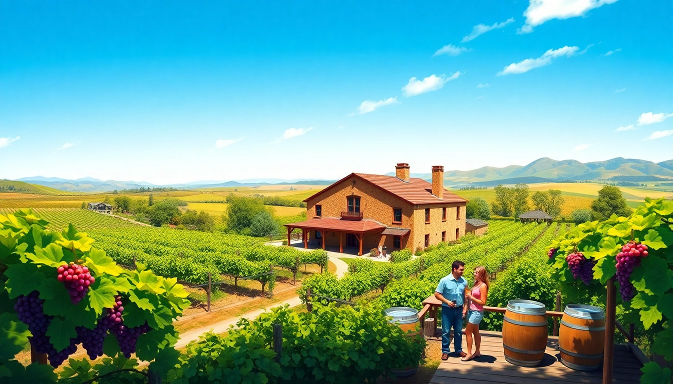Couple enjoying wine at wineries in Clarksburg with scenic vineyards.