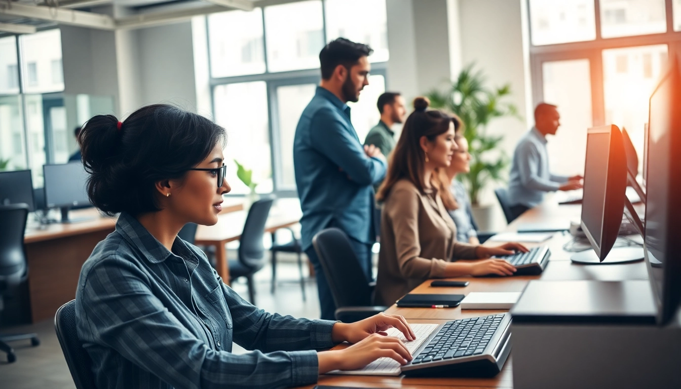 People collaborating efficiently in a typing center, highlighting teamwork and productivity.