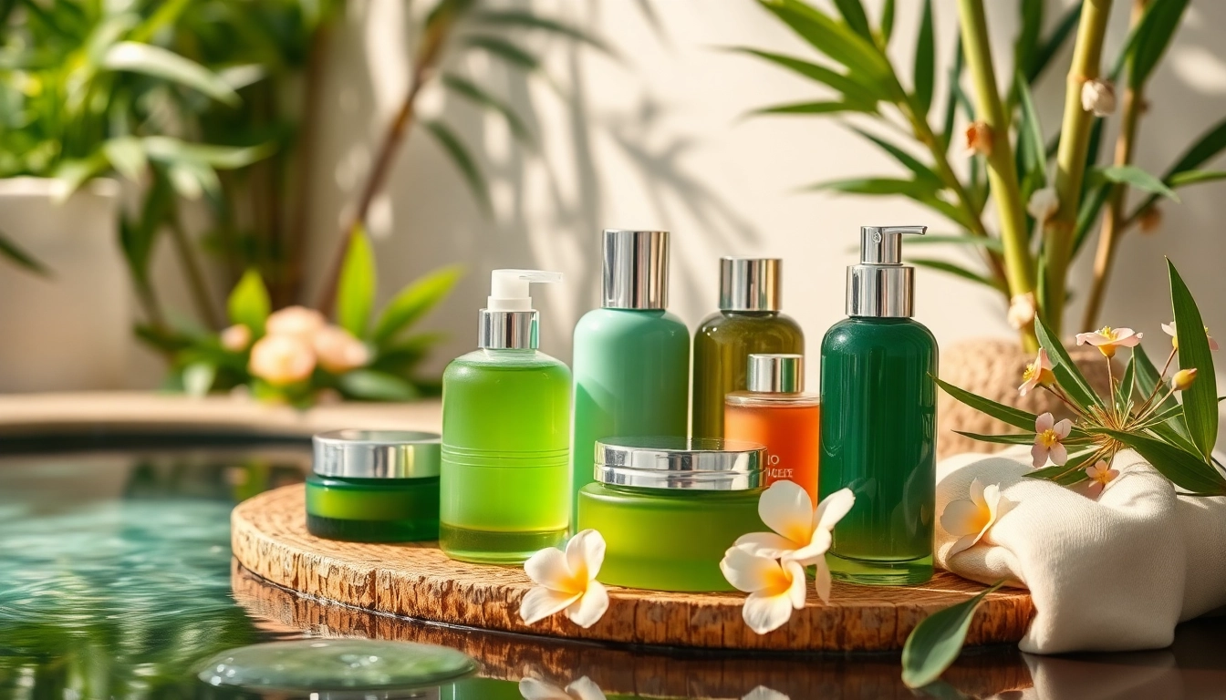 Natūrali kosmetika elegant in a serene setting with lush greenery and beautiful textures.