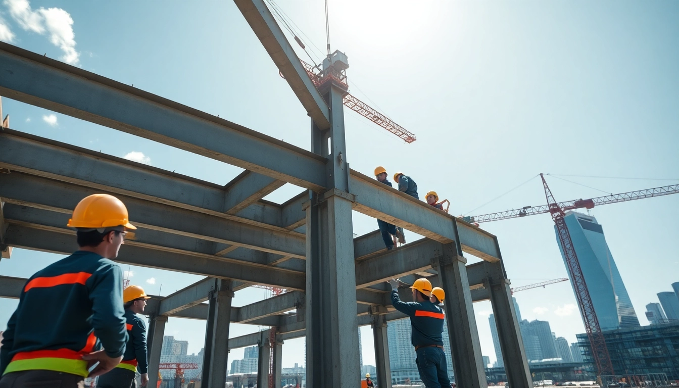 Workers performing structural steel installation at a construction site with urban skyline.