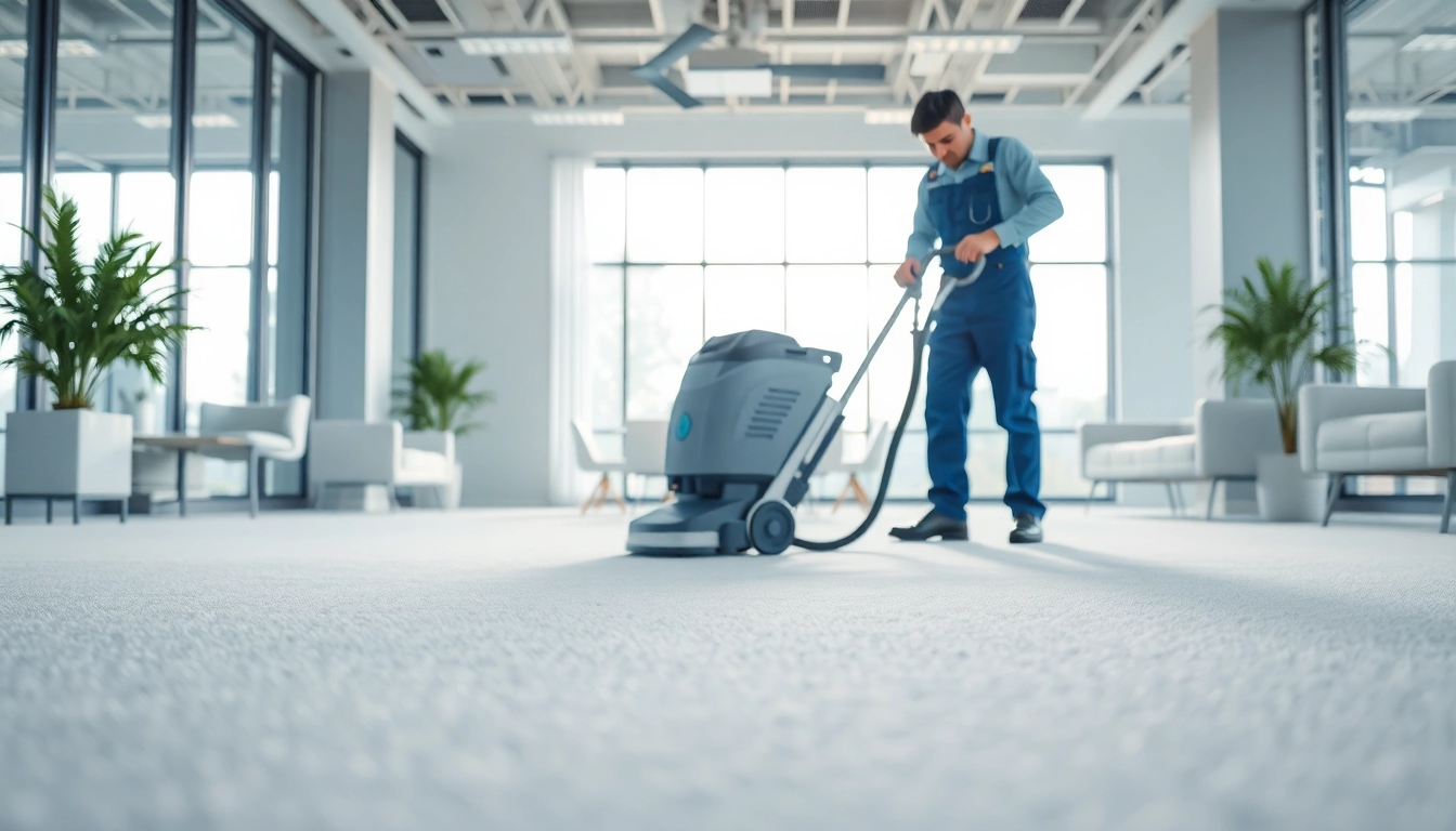 Technician performing commercial carpet cleaning in an office, showcasing expertise and professionalism.
