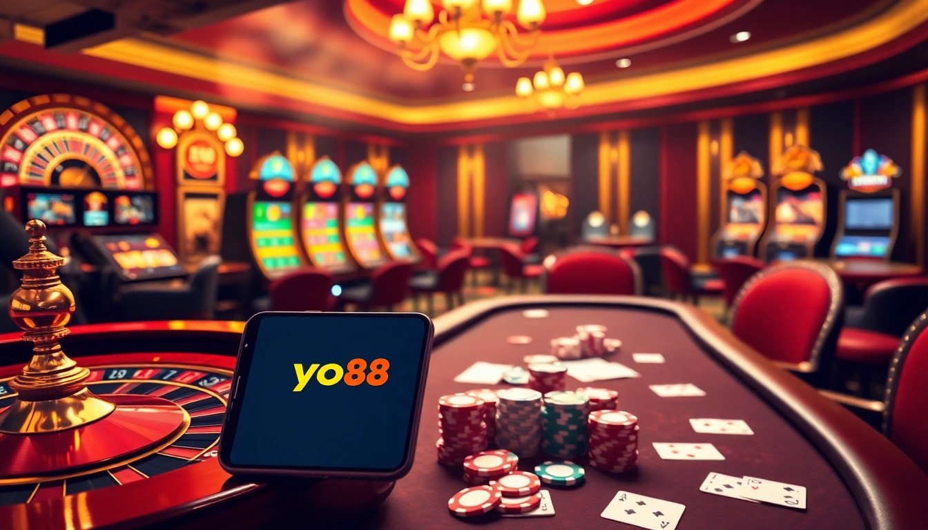 The bustling gaming atmosphere at nhà cái yo88, featuring vibrant casino tables and colorful slot machines.