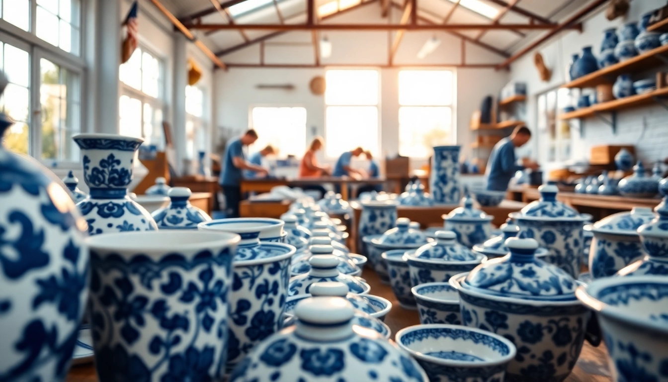 Bekijk delfts blauwe stof met traditionele ceramiekontwerpen en ambachtslieden aan het werk.