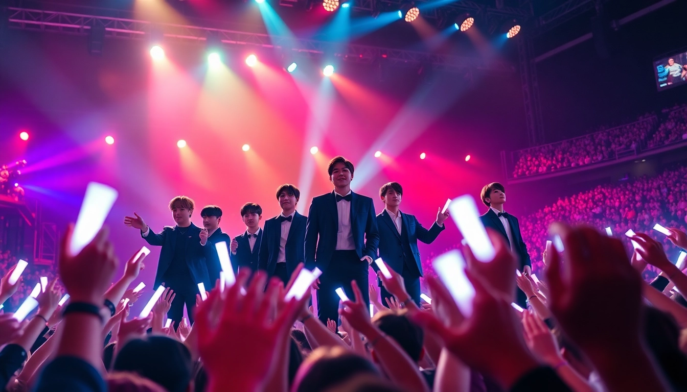 Engaging BTS news event with members performing vibrant concert and excited fans.