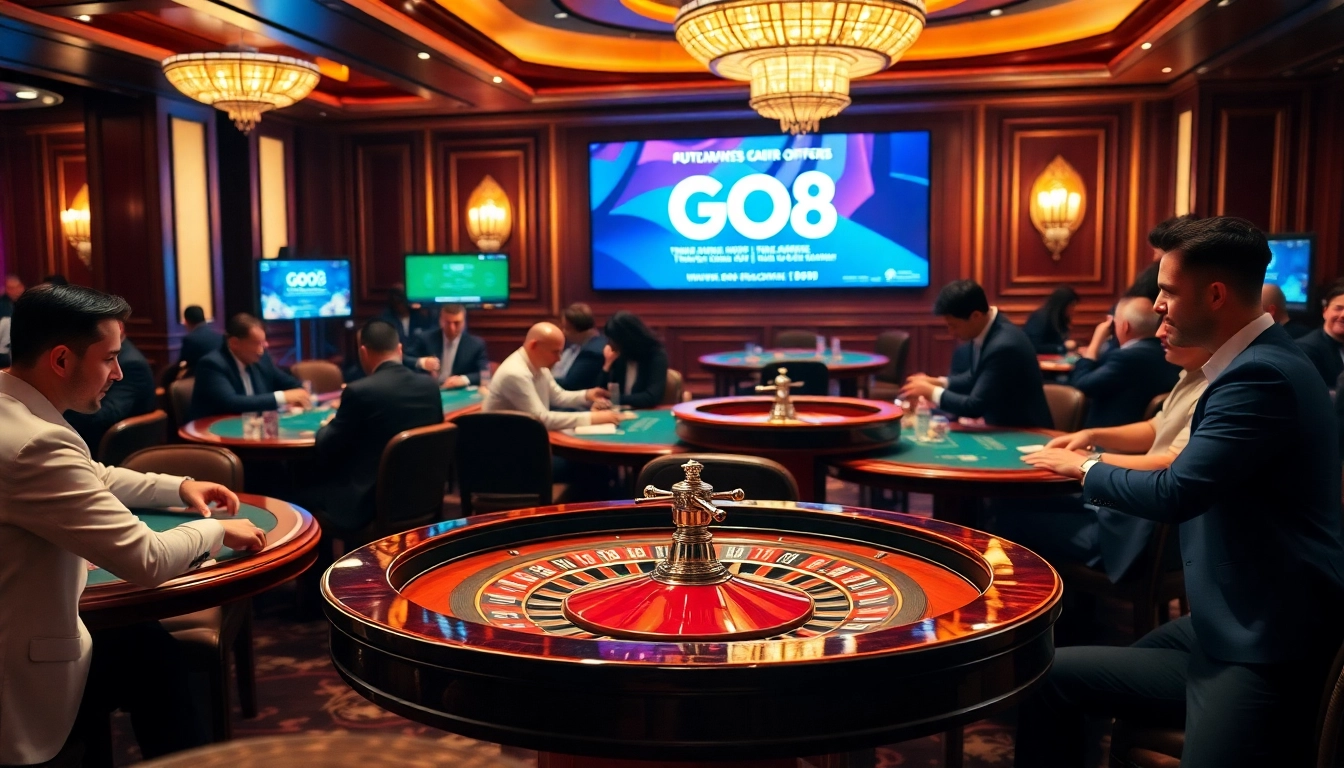 Players winning big at GO8 casino tables with vibrant poker chips and cards