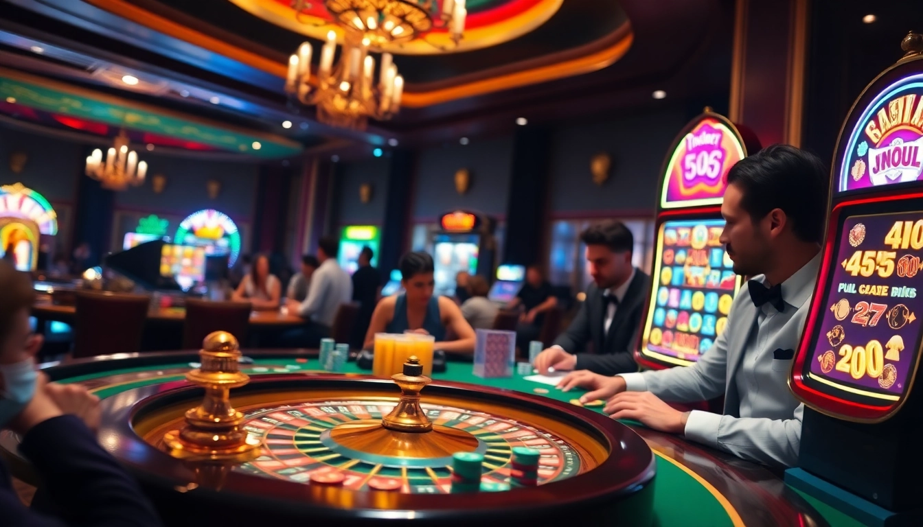 Pemain yang bersemangat menikmati atmosfer kasino yang memukau dengan opsi situs deposit 5k, terlibat dalam permainan slot dan meja yang mendebarkan.