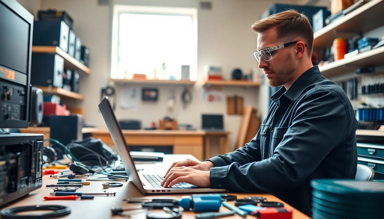 Repairing a laptop during a computer repair in a professional workshop environment.