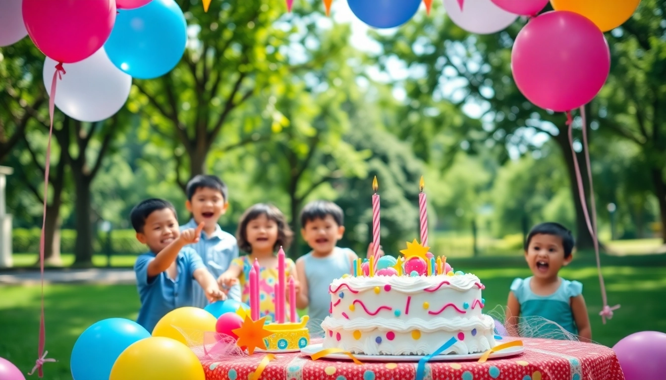 Celebrate a vibrant Singapore birthday party with joyful kids playing and a festive atmosphere.
