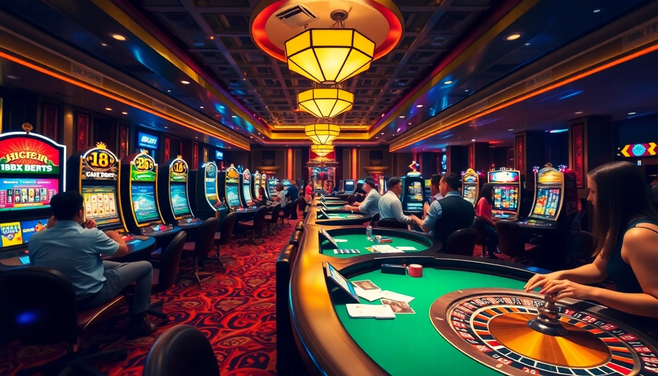Players enjoying exciting games at a rich casino setting related to https://fly88.deal/, with bright slot machines and poker tables.
