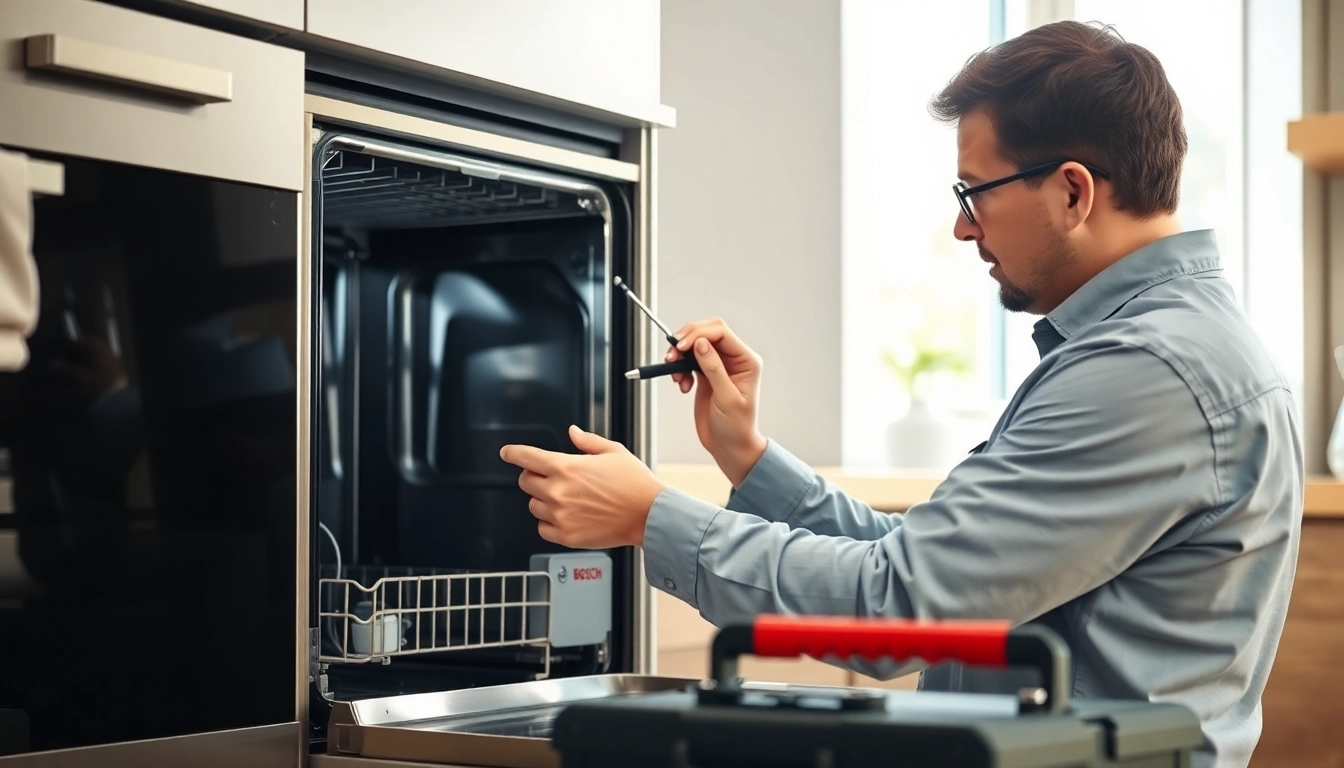 BOSCH dishwasher repair by a skilled technician in a modern kitchen setting.