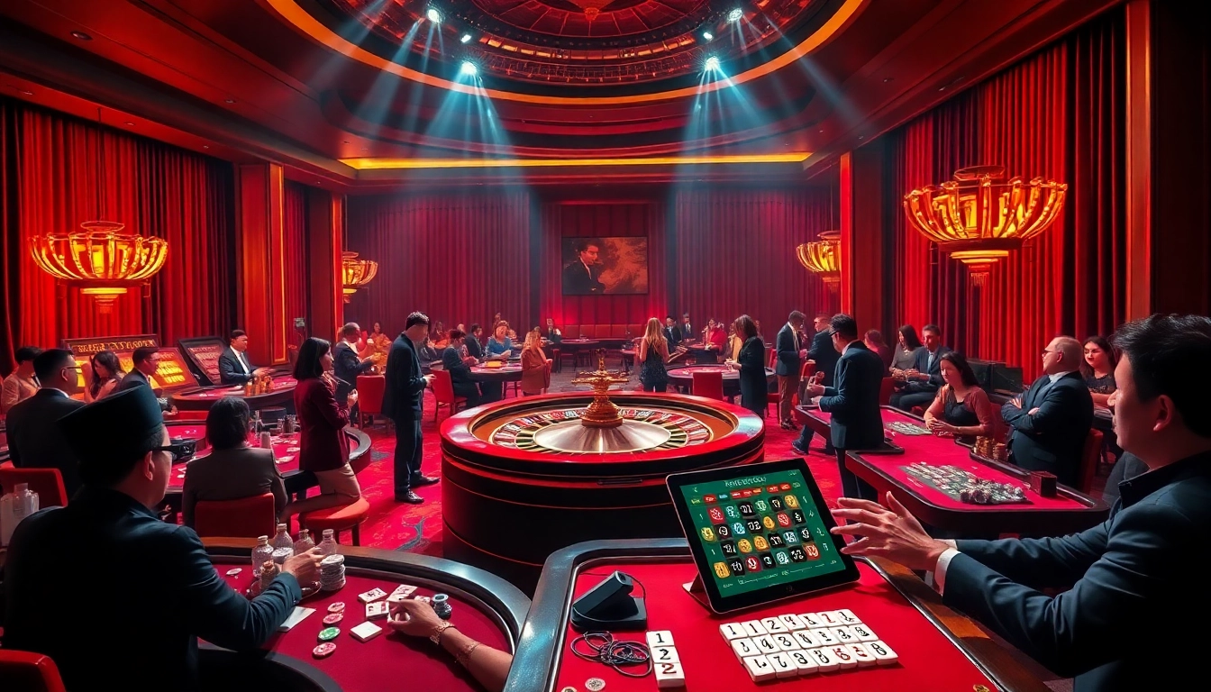 Players engage with link mahjong on tablets amidst a thrilling casino environment with roulette and poker tables, capturing the dynamic energy of gambling.