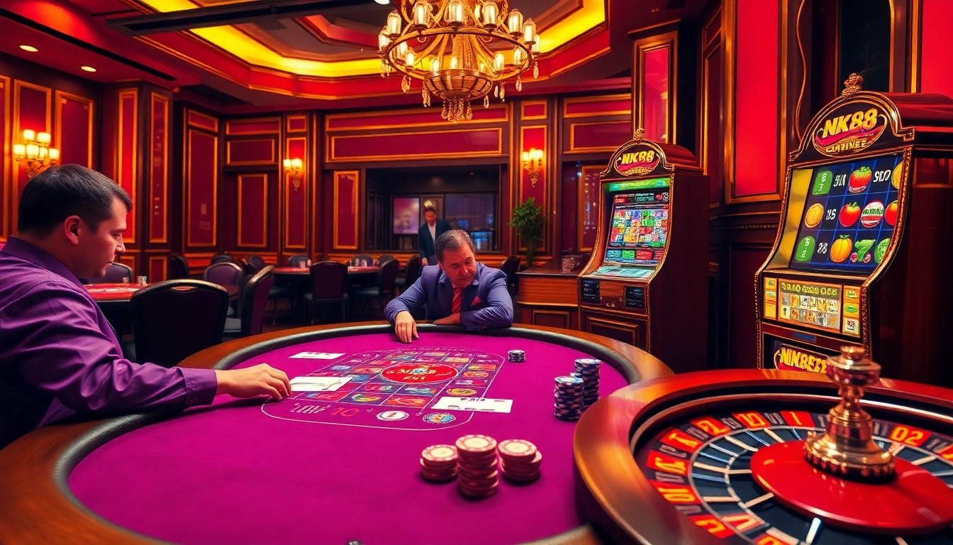 Players strategizing over a vibrant poker table with nk88-themed chips and cards in a luxurious casino.