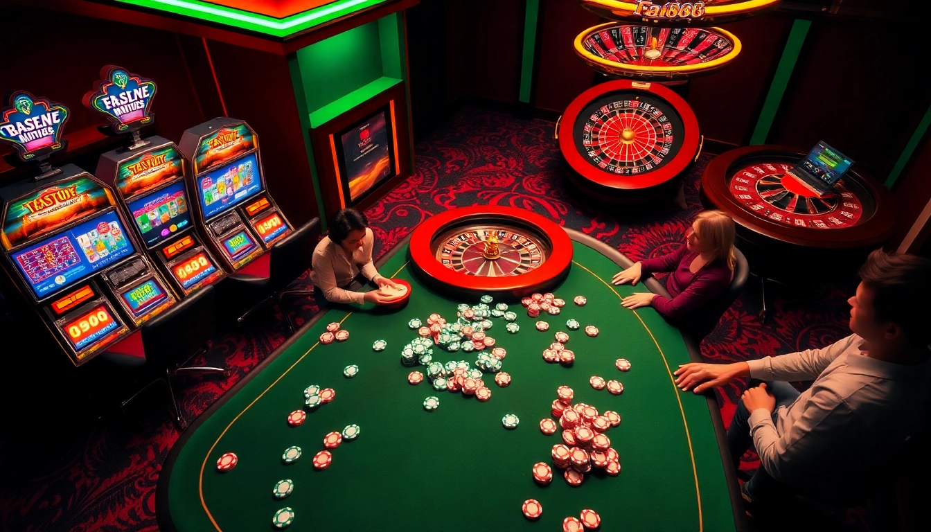 Players engaging with "nhà cái fa88" in a high-stakes casino setting with vibrant slot machines.