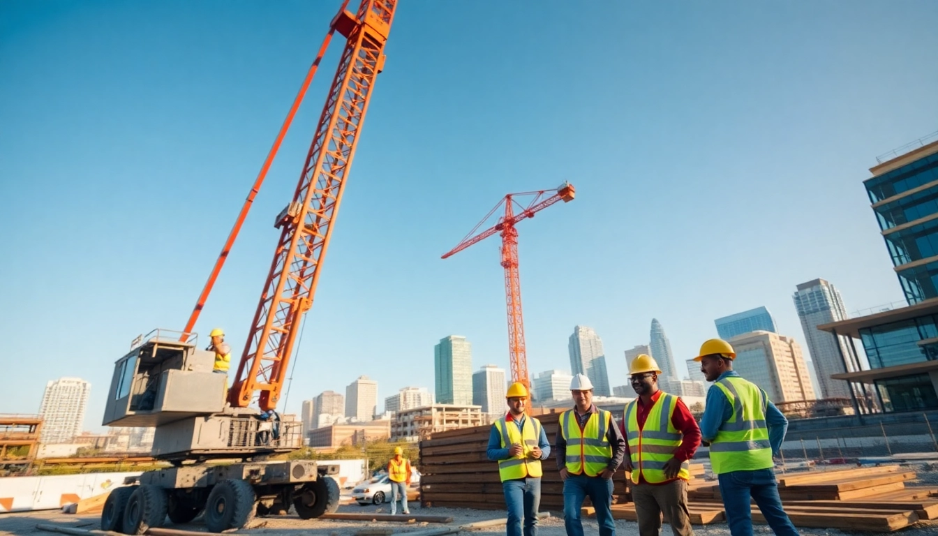 Workers engaged in Austin construction activities, showcasing teamwork and urban development.