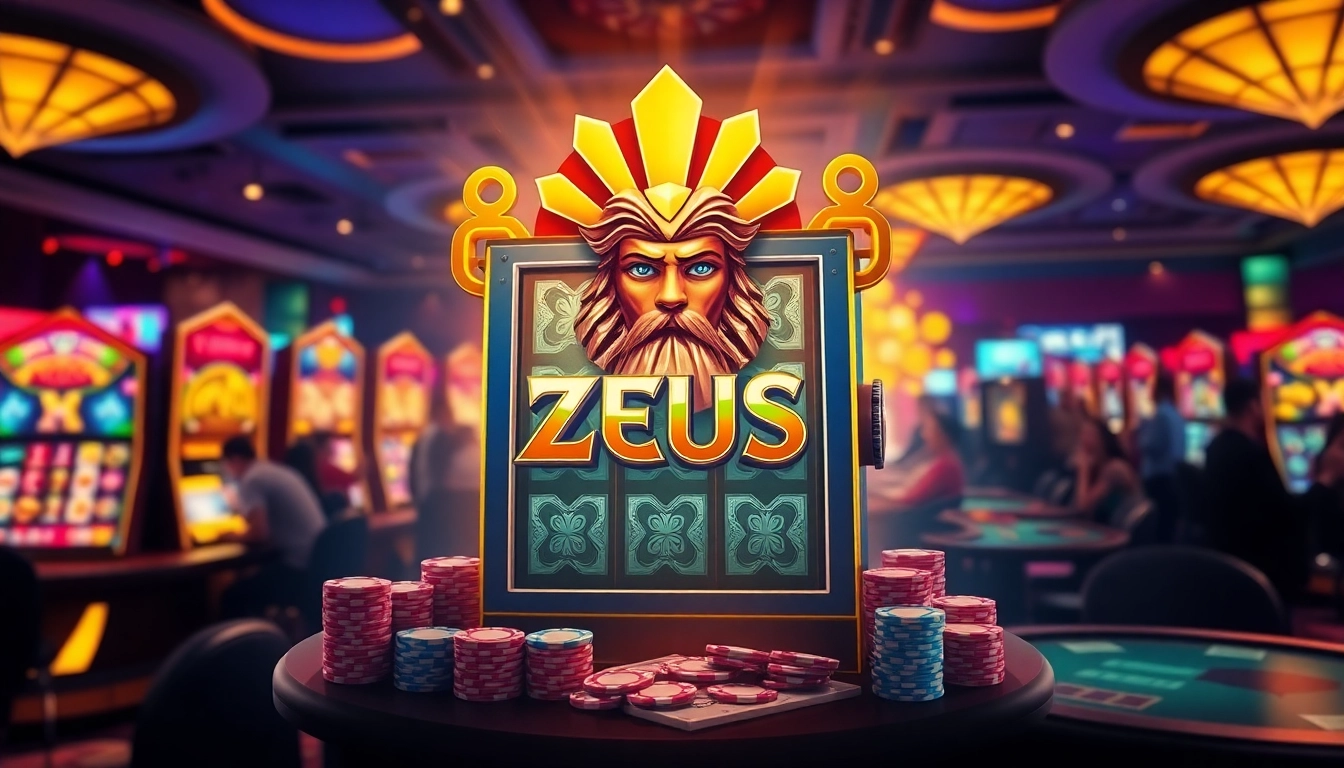 Experience thrilling wins at the Zeus slot machine in a vibrant casino setting with colorful poker chips.